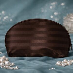 Elegant Espresso Damask Fabric Cosmetic Bag Zipper Closure Satin Feel Makeup Bag